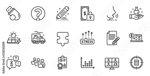 Outline set of Chemistry lab, Question mark and Flash memory line icons for web application. Talk, information, delivery truck outline icon. Vector
