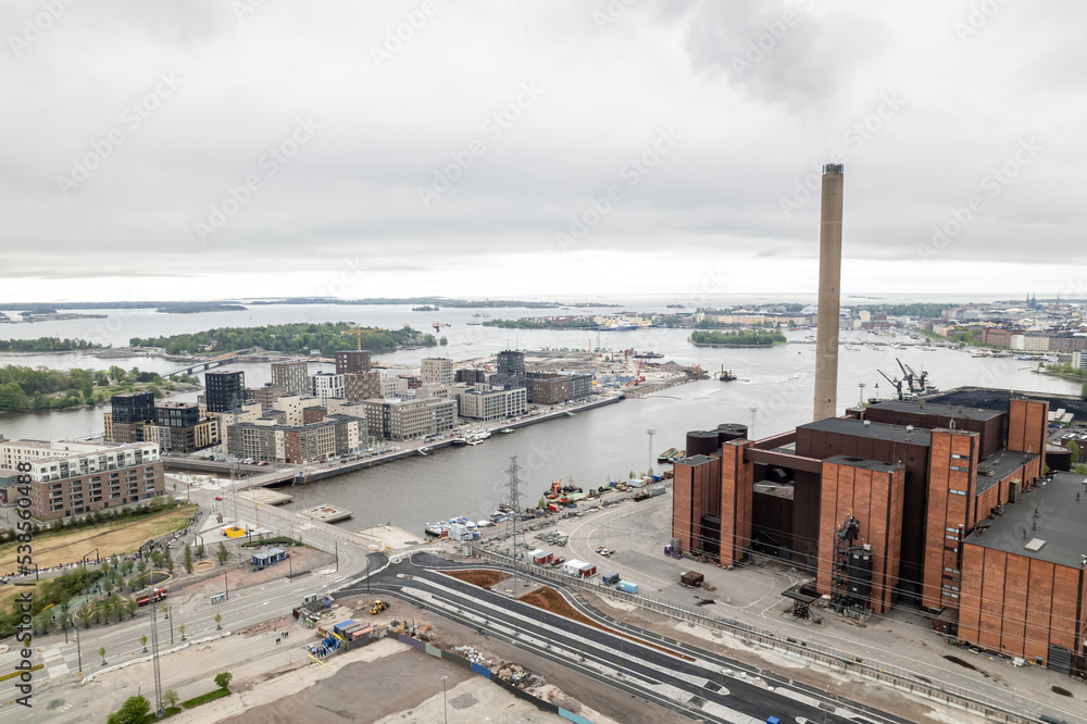 Aerial view of the Coal Power Plant and Sompasaari neighborhood of Helsinki, Finland. Modern Nordic Architecture. 