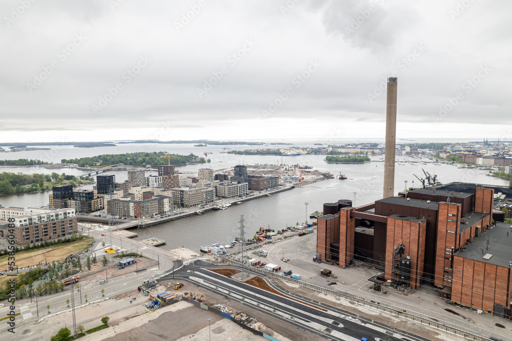 Aerial view of the Coal Power Plant and Sompasaari neighborhood of Helsinki, Finland. Modern Nordic Architecture.
