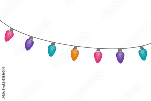 Colourful chain of Christmas lights isolated on transparent background. PNG illustration