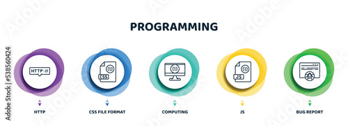 editable thin line icons with infographic template. infographic for programming concept. included http, css file format, computing, js, bug report icons.