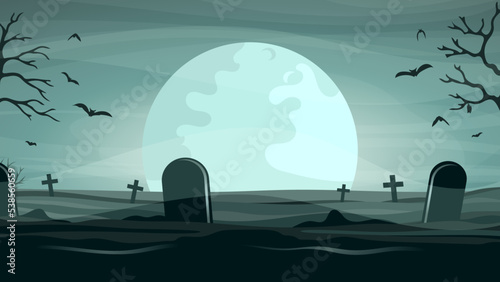 Background of a foggy cemetery with bats and a big moon. Vector.