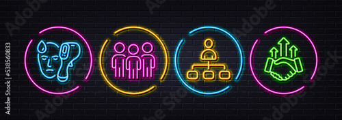Management, Electronic thermometer and Group minimal line icons. Neon laser 3d lights. Deal icons. For web, application, printing. Agent, Temperature scan, Business meeting. Business rise. Vector