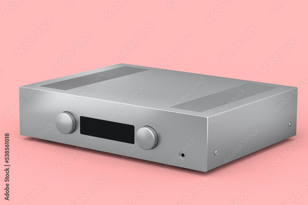 HiFi system with turntable and amplifier for home theater on pink background. HiFi system with turntable and amplifier for home theater on pink background.