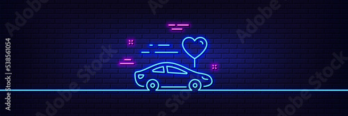 Neon light glow effect. Honeymoon travel line icon. Love car trip sign. Valentines day transport symbol. 3d line neon glow icon. Brick wall banner. Honeymoon travel outline. Vector