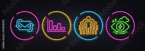 Group, Refresh mail and Histogram minimal line icons. Neon laser 3d lights. Stress icons. For web, application, printing. Managers, New e-mail, Economic trend. Mind anxiety. Vector