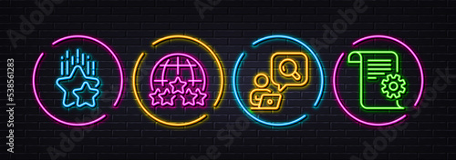 Rating stars, Ranking stars and Inspect minimal line icons. Neon laser 3d lights. Technical documentation icons. For web, application, printing. Internet rank, Winner award, Search info. Vector