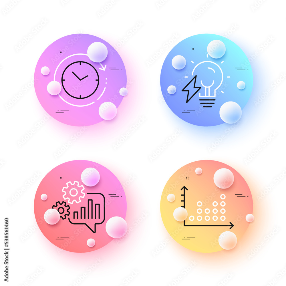 Time change, Electricity bulb and Dot plot minimal line icons. 3d spheres or balls buttons. Cogwheel icons. For web, application, printing. Clock, Electric energy, Presentation graph. Vector Time change, Electricity bulb and Dot plot minimal line icons. 3d spheres or balls buttons. Cogwheel icons. For web, application, printing. Clock, Electric energy, Presentation graph. Vector
