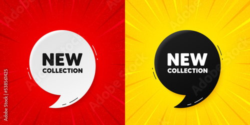 New collection tag. Flash offer banner with quote. New fashion arrival sign. Advertising offer symbol. Starburst beam banner. New collection speech bubble. Vector