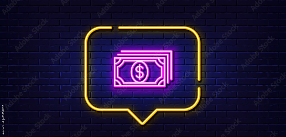 Neon light speech bubble. Payment line icon. Dollar exchange sign. Finance symbol. Neon light background. Payment glow line. Brick wall banner. Vector Neon light speech bubble. Payment line icon. Dollar exchange sign. Finance symbol. Neon light background. Payment glow line. Brick wall banner. Vector