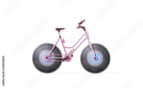 Bicycle with wheels made with gramophone records on isolated  white background. Minimal creative abstract retro party concept. Hippie movement or musical vintage tour. Bohemian fashion or lifestyle.