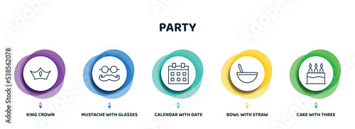 editable thin line icons with infographic template. infographic for party concept. included king crown, mustache with glasses, calendar with date, bowl straw, cake three candles icons.