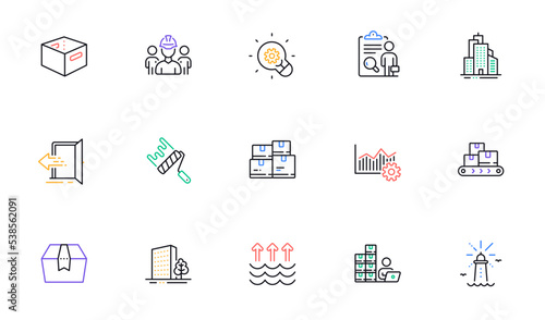 Lighthouse, Wholesale inventory and Package box line icons for website, printing. Collection of Entrance, Operational excellence, Inventory icons. Inspect, Paint roller, Buildings web elements. Vector