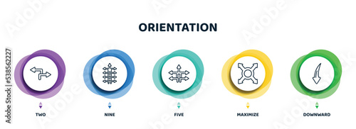 editable thin line icons with infographic template. infographic for orientation concept. included two, nine, five, maximize, downward icons.