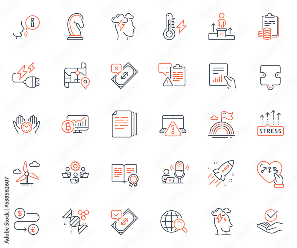Education icons set. Included icon as Electricity plug, Stress and Rejected payment web elements. Internet search, Copy documents, Approved icons. Map, Genders, Safe time web signs. Vector