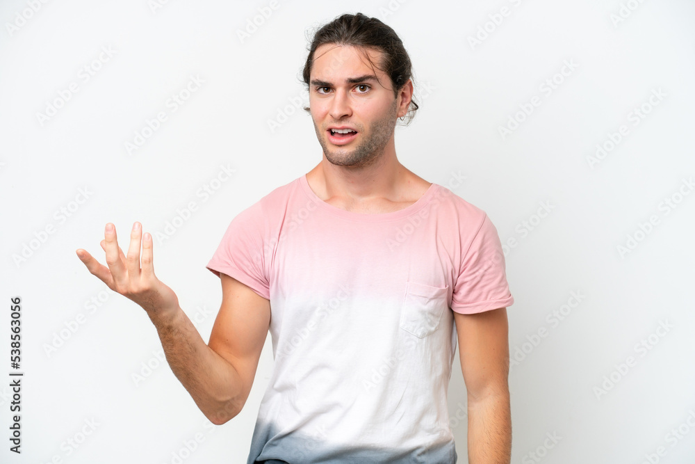 Caucasian handsome man isolated on white background making doubts gesture Caucasian handsome man isolated on white background making doubts gesture