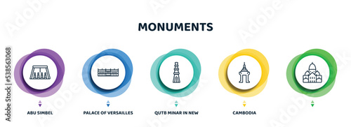 editable thin line icons with infographic template. infographic for monuments concept. included abu simbel, palace of versailles, qutb minar in new delhi, cambodia, icons.