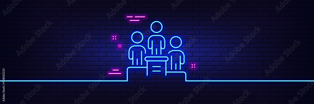 Neon light glow effect. Business podium line icon. Employee nomination sign. Teamwork award symbol. 3d line neon glow icon. Brick wall banner. Business podium outline. Vector