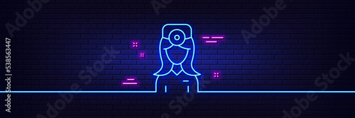 Neon light glow effect. Oculist doctor line icon. Health eye sign. Optometry clinic symbol. 3d line neon glow icon. Brick wall banner. Oculist doctor outline. Vector