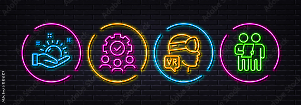 Teamwork, Augmented reality and Sunny weather minimal line icons. Neon laser 3d lights. Survey icons. For web, application, printing. Workflow, Virtual reality, Hold sun. Contract. Vector