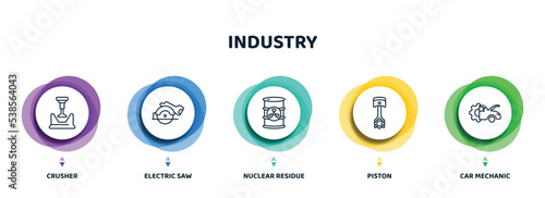 editable thin line icons with infographic template. infographic for industry concept. included crusher, electric saw, nuclear residue, piston, car mechanic icons.