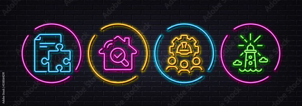 Inspect, Engineering team and Strategy minimal line icons. Neon laser 3d lights. Lighthouse icons. For web, application, printing. Search building, Engineer person, Puzzle. Navigation beacon. Vector Inspect, Engineering team and Strategy minimal line icons. Neon laser 3d lights. Lighthouse icons. For web, application, printing. Search building, Engineer person, Puzzle. Navigation beacon. Vector
