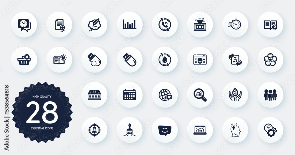 Set of Business icons, such as Cyber attack, Calendar and Time management flat icons. Brush, Timer, Usb stick web elements. Group, World brand, Call center signs. Copyright chat, Stress. Vector Set of Business icons, such as Cyber attack, Calendar and Time management flat icons. Brush, Timer, Usb stick web elements. Group, World brand, Call center signs. Copyright chat, Stress. Vector