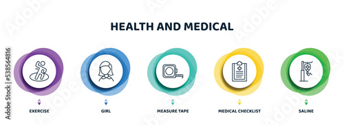 editable thin line icons with infographic template. infographic for health and medical concept. included exercise, girl, measure tape, medical checklist, saline icons.