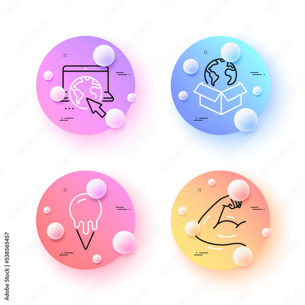 Strong arm, Internet and Delivery service minimal line icons. 3d spheres or balls buttons. Ice cream icons. For web, application, printing. Muscle biceps, Online webpage, International parcel. Vector Strong arm, Internet and Delivery service minimal line icons. 3d spheres or balls buttons. Ice cream icons. For web, application, printing. Muscle biceps, Online webpage, International parcel. Vector