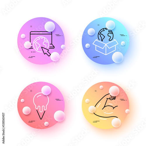 Strong arm, Internet and Delivery service minimal line icons. 3d spheres or balls buttons. Ice cream icons. For web, application, printing. Muscle biceps, Online webpage, International parcel. Vector