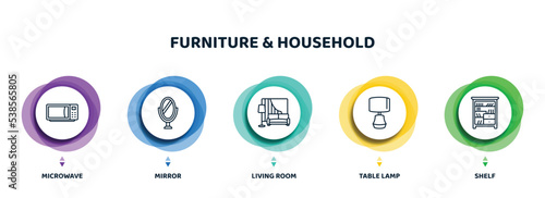 editable thin line icons with infographic template. infographic for furniture & household concept. included microwave, mirror, living room, table lamp, shelf icons.