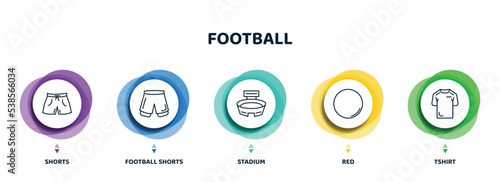 editable thin line icons with infographic template. infographic for football concept. included shorts, football shorts, stadium, red, tshirt icons.