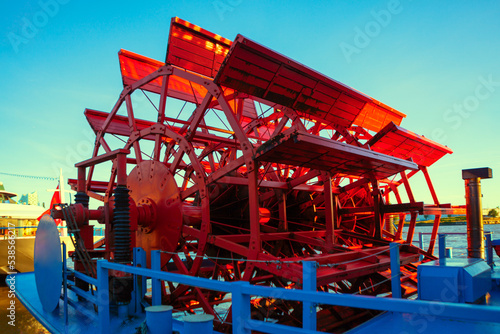 Steamboat Paddle Wheel . Riverboat cruising boat 