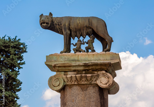 Capitoline Wolf (Lupa Capitolina) feeding Romulus and Remus - founders of city of Rome - on Capitoline hill, Italy