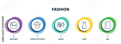 editable thin line icons with infographic template. infographic for fashion concept. included book bag, t shirt with heart, tailor, tunic, rag icons.