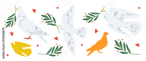 Set of dove of peace, white pigeons. Flying, standing birds with plant olive branch. Peace and love, freedom, no war, innocence, human purity. Hand drawn modern Vector illustration. Support Ukraine