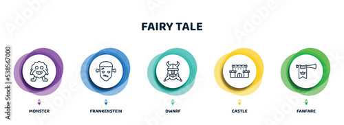 editable thin line icons with infographic template. infographic for fairy tale concept. included monster, frankenstein, dwarf, castle, fanfare icons.