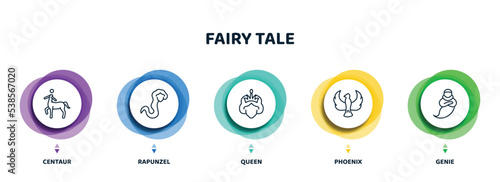 editable thin line icons with infographic template. infographic for fairy tale concept. included centaur, rapunzel, queen, phoenix, genie icons.