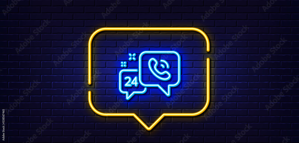 Neon light speech bubble. 24 hour service line icon. Call support sign. Feedback chat symbol. Neon light background. 24h service glow line. Brick wall banner. Vector Neon light speech bubble. 24 hour service line icon. Call support sign. Feedback chat symbol. Neon light background. 24h service glow line. Brick wall banner. Vector