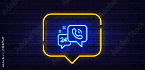 Neon light speech bubble. 24 hour service line icon. Call support sign. Feedback chat symbol. Neon light background. 24h service glow line. Brick wall banner. Vector