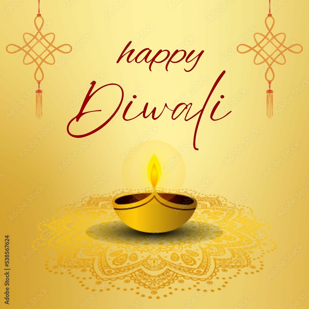 Innovative header, banner, social media post or poster for Diwali festival. Golden colour greeting card design with diya (Deepak), lamp, rangoli and Text.
