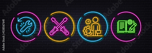 Screwdriverl, Recovery tool and Inspect minimal line icons. Neon laser 3d lights. Engineering documentation icons. For web, application, printing. Repair tool, Backup info, Work quality. Vector
