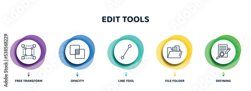 editable thin line icons with infographic template. infographic for edit tools concept. included free transform, opacity, line tool, file folder, defining icons.