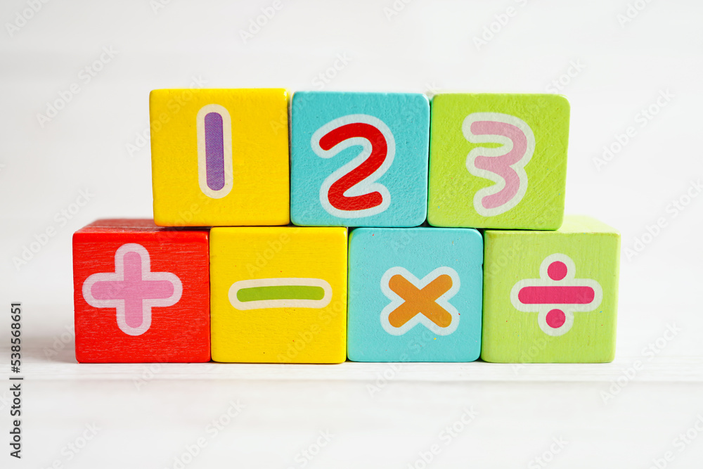 Obraz premium Number wood block cubes for learning Mathematic, education math concept.