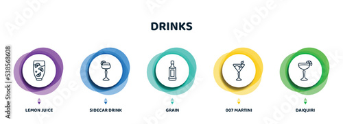 editable thin line icons with infographic template. infographic for drinks concept. included lemon juice, sidecar drink, grain, 007 martini, daiquiri icons.