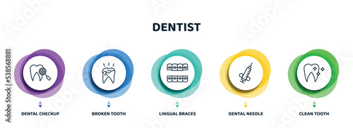 editable thin line icons with infographic template. infographic for dentist concept. included dental checkup, broken tooth, lingual braces, dental needle, clean tooth icons.