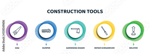 editable thin line icons with infographic template. infographic for construction tools concept. included saw, dumper, gardening digger, repair screwdriver, bolster icons.