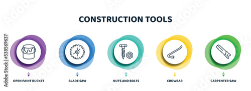 editable thin line icons with infographic template. infographic for construction tools concept. included open paint bucket, blade saw, nuts and bolts, crowbar, carpenter saw icons.