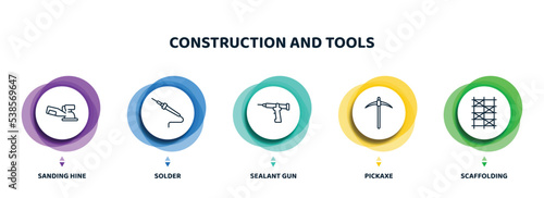 editable thin line icons with infographic template. infographic for construction and tools concept. included sanding hine, solder, sealant gun, pickaxe, scaffolding icons.