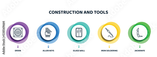 editable thin line icons with infographic template. infographic for construction and tools concept. included drain, allen keys, glass wall, iron soldering, jackknife icons.